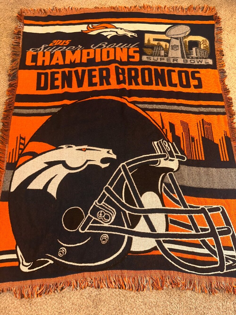 Denver Broncos 2015 Super Bowl Champions Blanket 46” X 60” woven throw tapestry